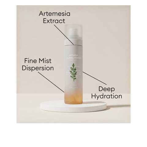 MISSHA Artemisia Calming Essence mist type with concentrated Artemisia Extract for fine mist dispersion and deep hydration.