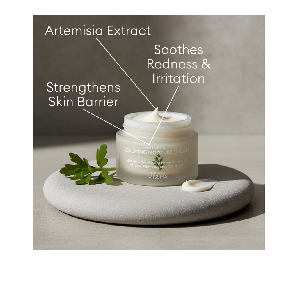 MISSHA Artemisia Calming Moisture Cream jar highlighting Artemisia Extract to help strengthen the skin barrier and soothe redness and irritation.