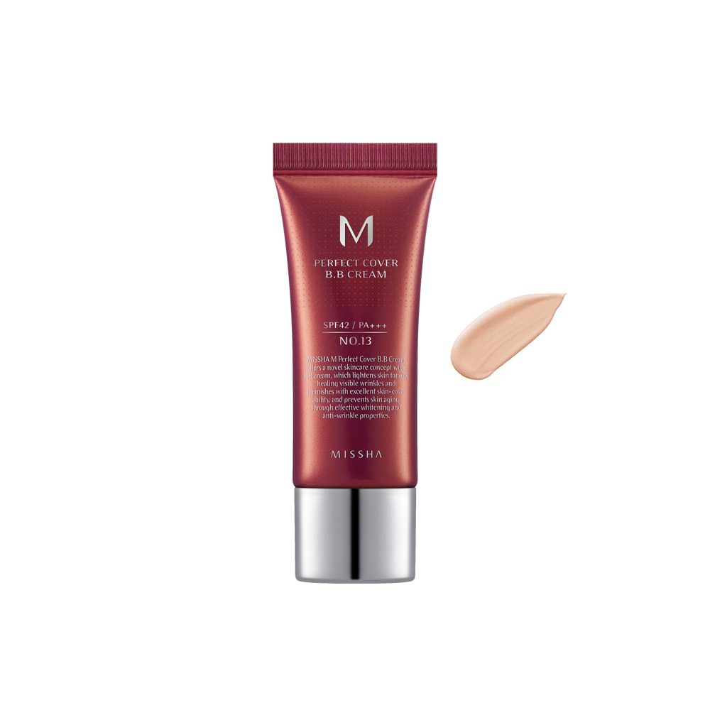 A tube of M Perfect Cover BB Cream by Missha with a pump dispenser, shown with a swatch of the product color.