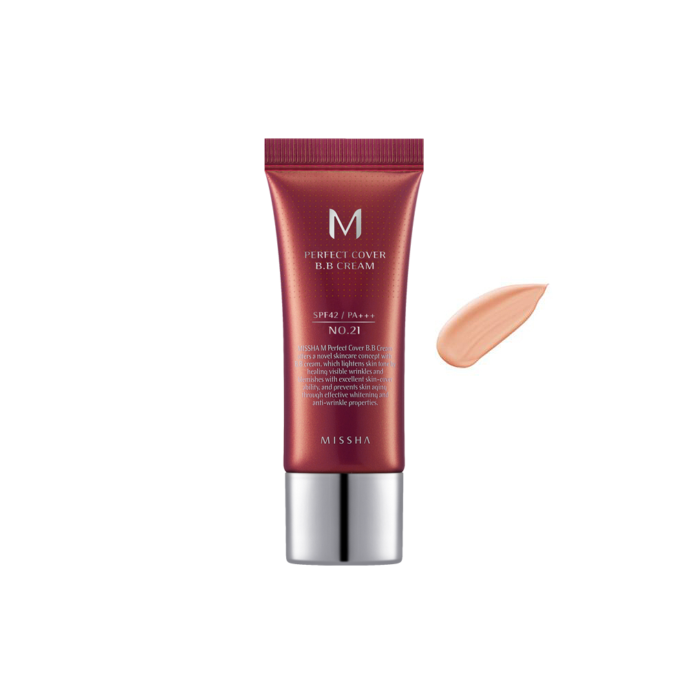 A tube of M Perfect Cover BB Cream by Missha with a pump dispenser, shown with a swatch of the product color.