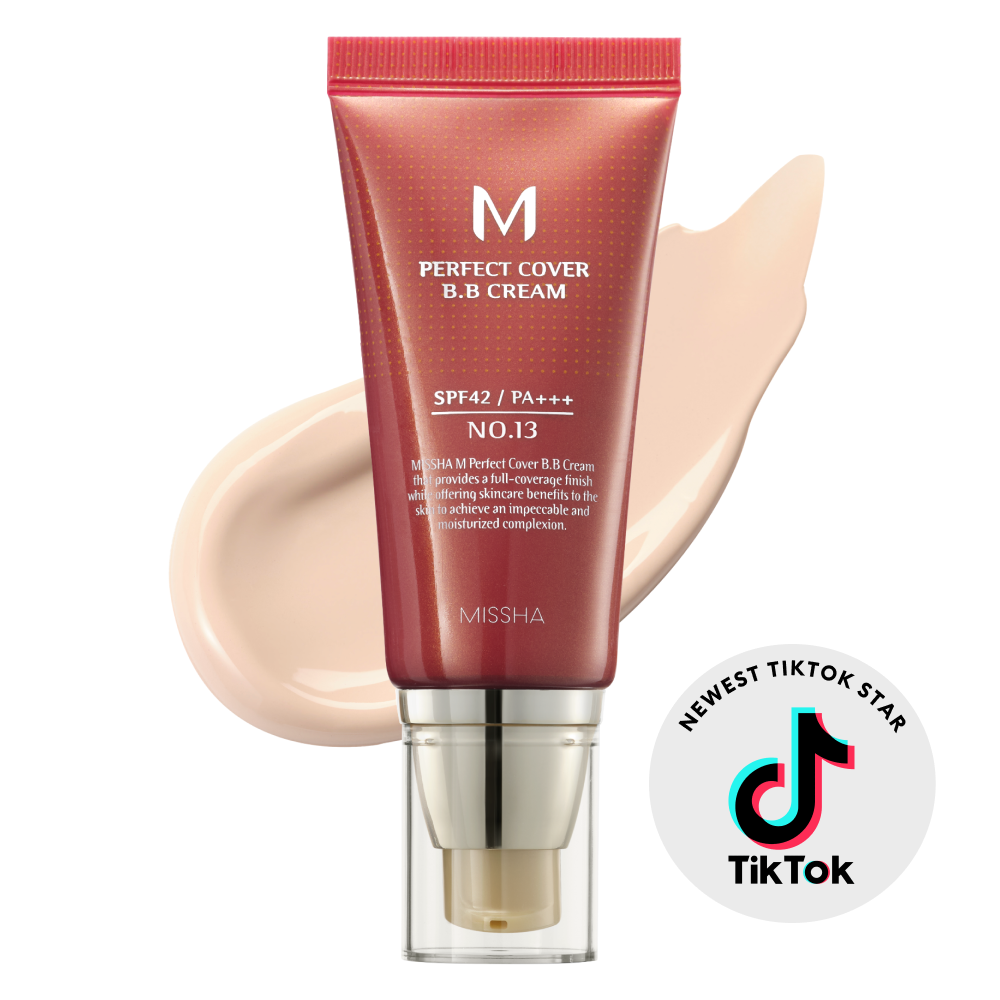 A pump bottle of MISSHA M Perfect Cover BB Cream with a swatch of the product color next to it, indicating medium to high coverage.