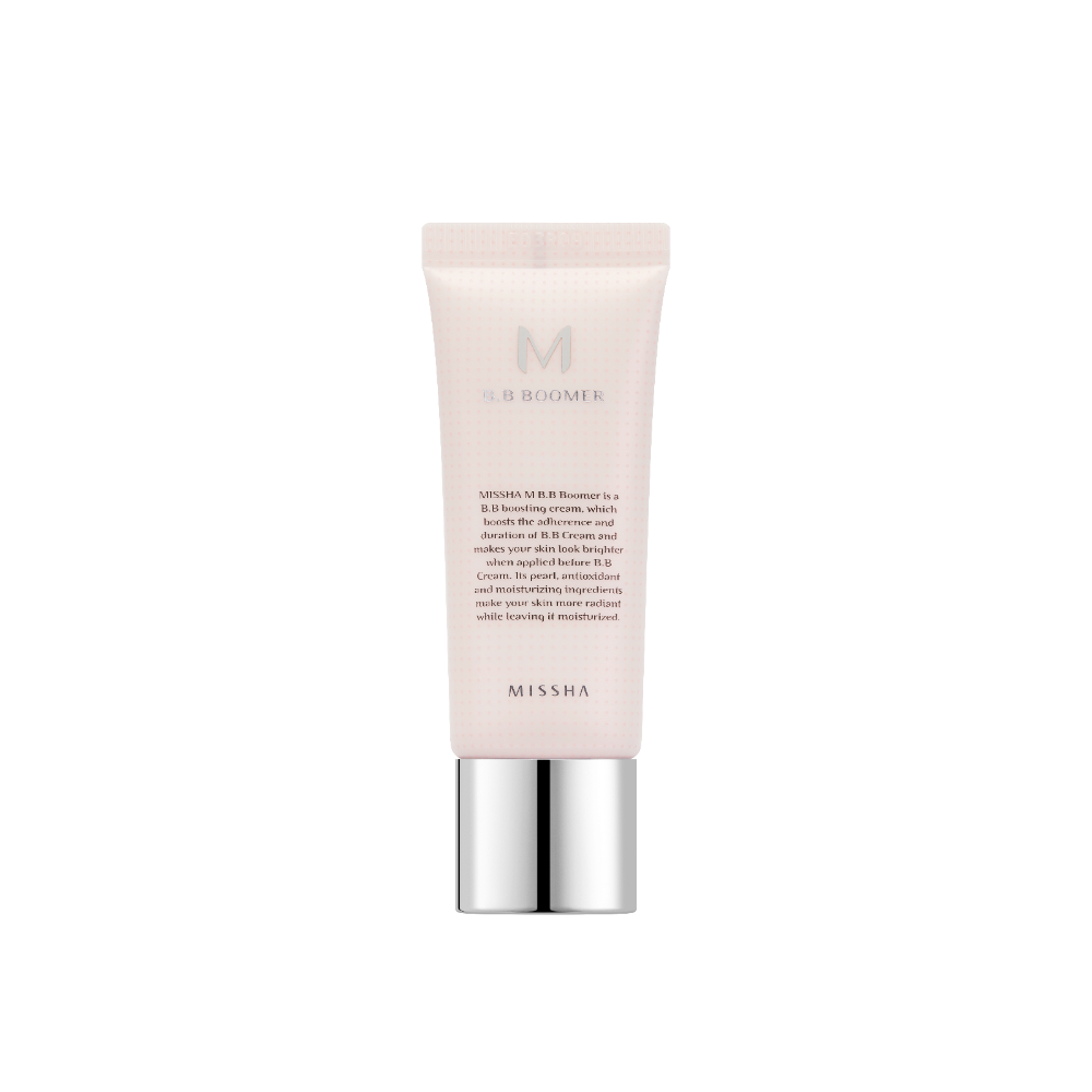 A tube of Missha M BB Boomer Primer with a pink hue.