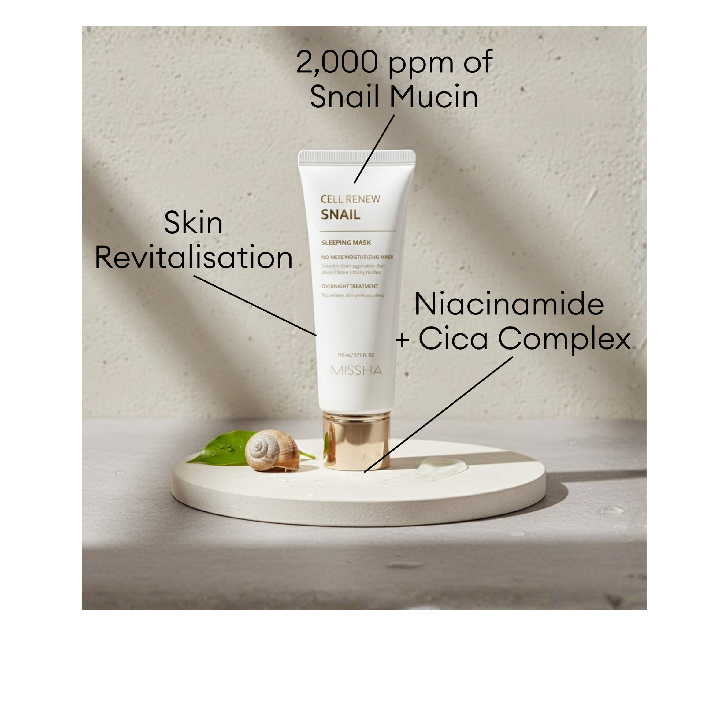 MISSHA Cell Renew Snail Sleeping Mask tube with 2,000 ppm Snail Mucin and Niacinamide Cica Complex to help skin cells revitalize overnight.