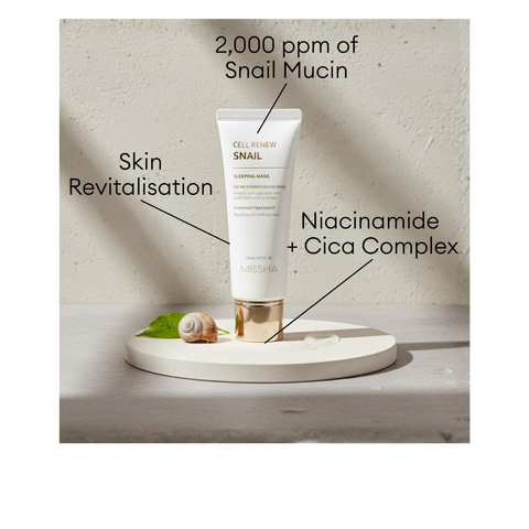 MISSHA Cell Renew Snail Sleeping Mask tube with 2,000 ppm Snail Mucin and Niacinamide Cica Complex to help skin cells revitalize overnight.
