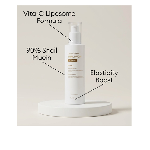 MISSHA Super Aqua Cell Renew Snail Mucin Vitamin C Essence with 90% snail mucin and Vita-C Liposome formula for an elasticity boost.