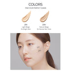 Image showing the two available shades: a swatch of 21N Light Beige for Bright Skin and 23N Natural Beige for Neutral Skin Tone, applied and labeled on a model's cheek for comparison.