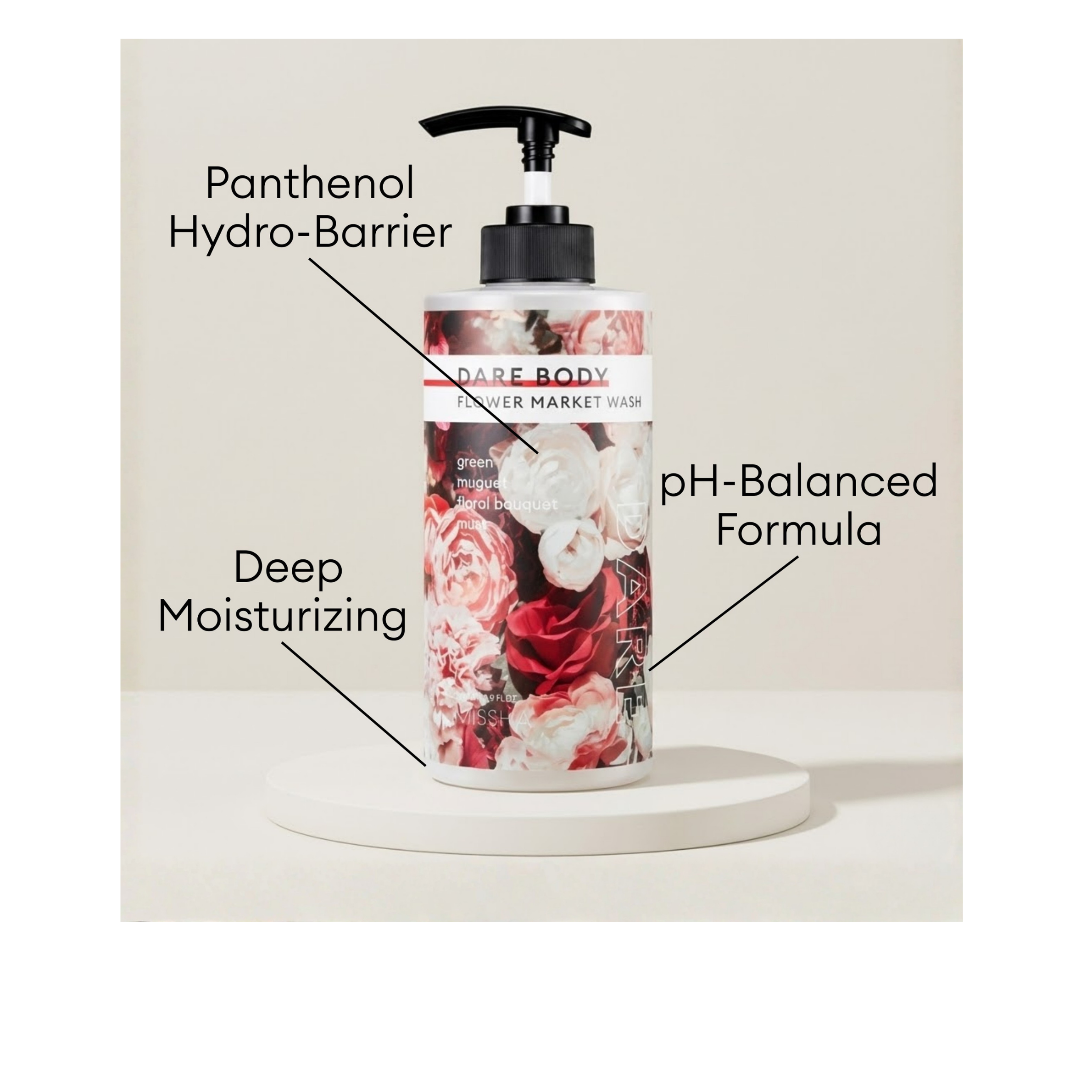 MISSHA Dare Body Flower Market Wash with Panthenol Hydro-Barrier and pH-balanced formula for deep moisturizing.