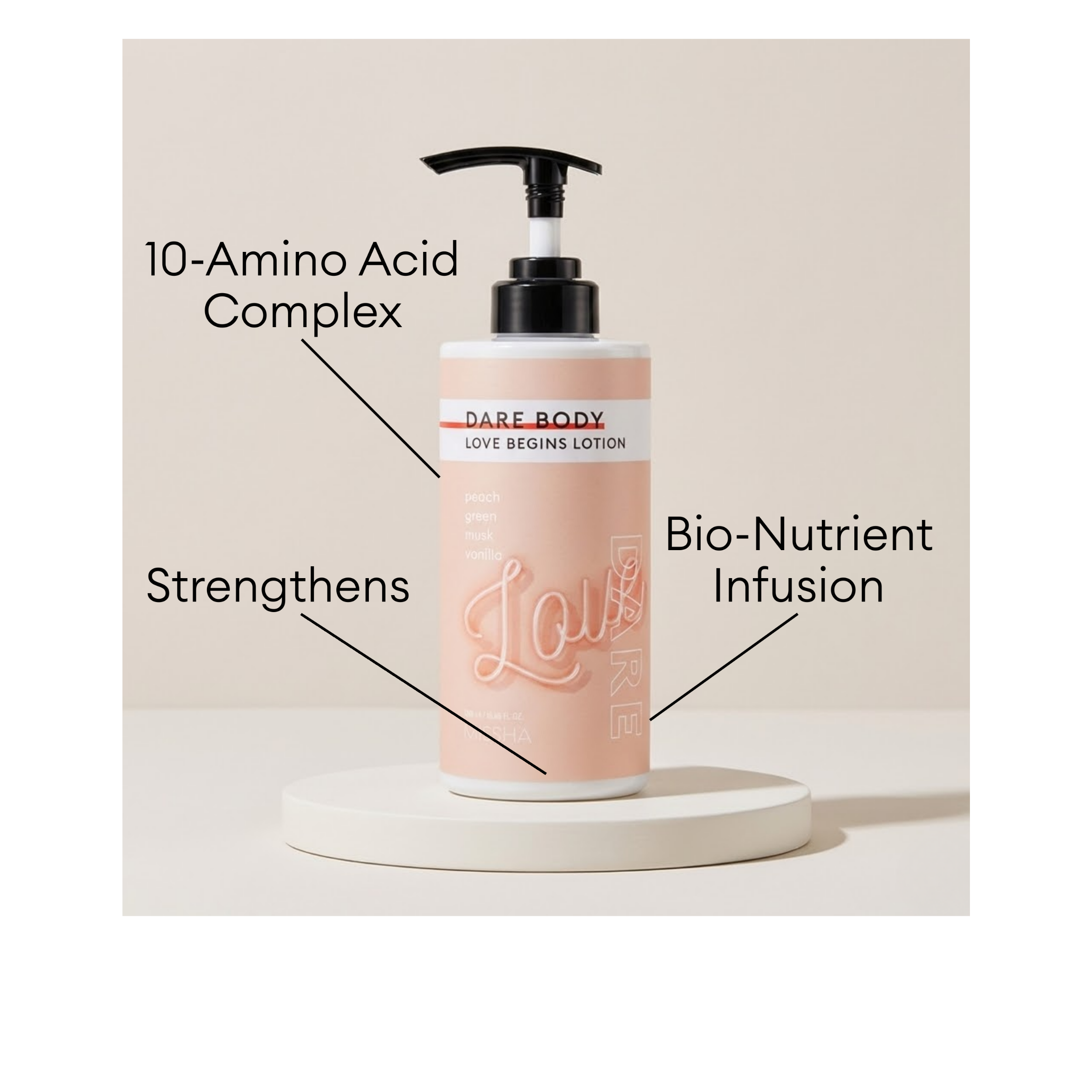 MISSHA Dare Body Love Begins Lotion featuring a 10-Amino Acid Complex and Bio-Nutrient infusion to help strengthen skin.
