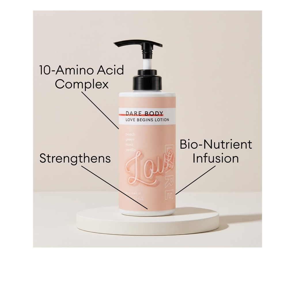MISSHA Dare Body Love Begins Lotion featuring a 10-Amino Acid Complex and Bio-Nutrient infusion to help strengthen skin.