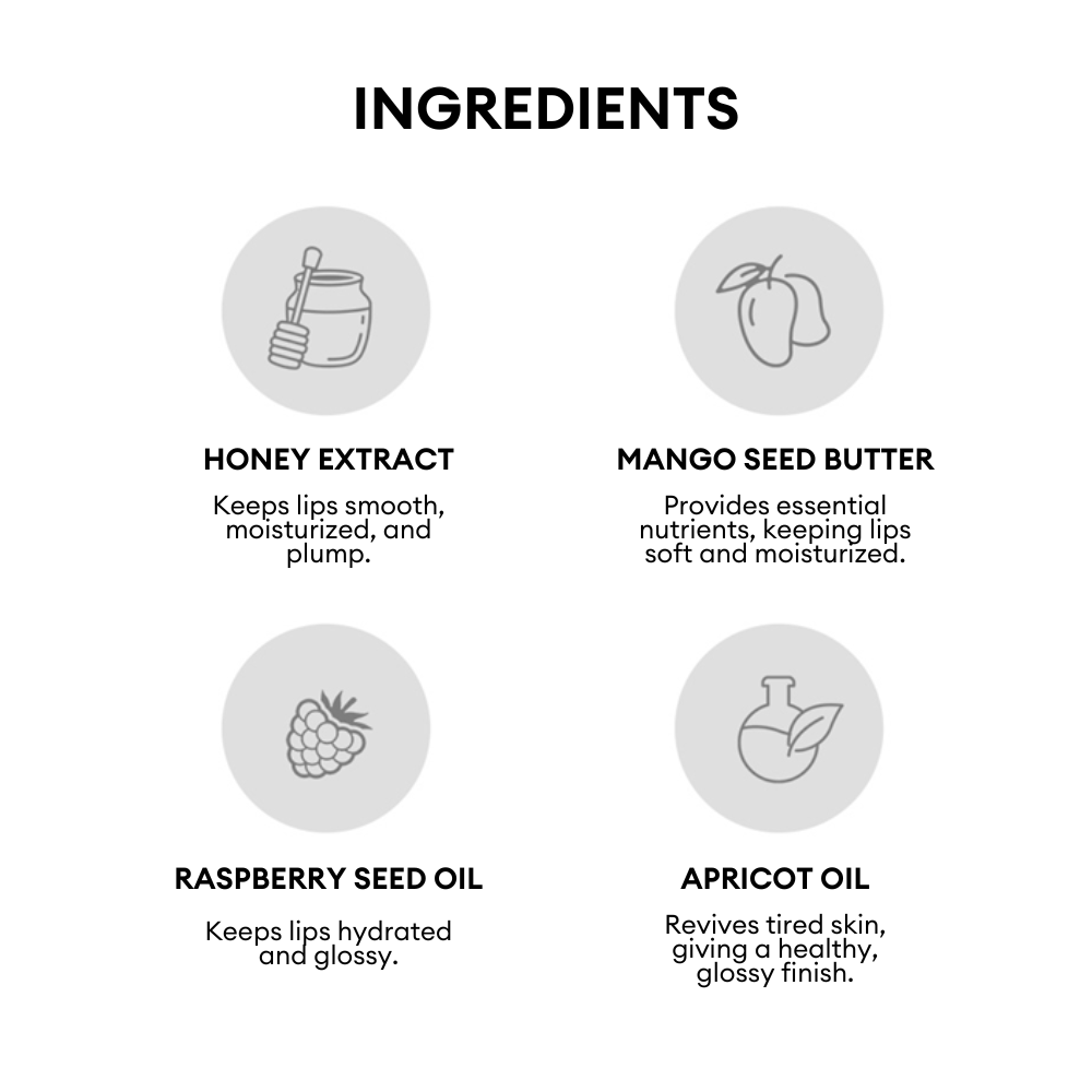 Infographic listing four key lip care ingredients with icons and short descriptions. Includes Honey Extract (smooths and plumps lips), Mango Seed Butter (softens and moisturizes), Raspberry Seed Oil (hydrates and adds gloss), and Apricot Oil (revives and gives a healthy shine).Infographic listing four key lip care ingredients with icons and short descriptions. Includes Honey Extract (smooths and plumps lips), Mango Seed Butter (softens and moisturizes), Raspberry Seed Oil (hydrates and adds gloss), and Apri