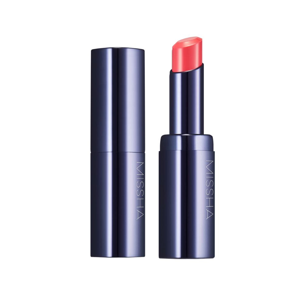 A collection of MISSHA brand lipsticks in various shades, displayed horizontally in tubes with the brand name visible.