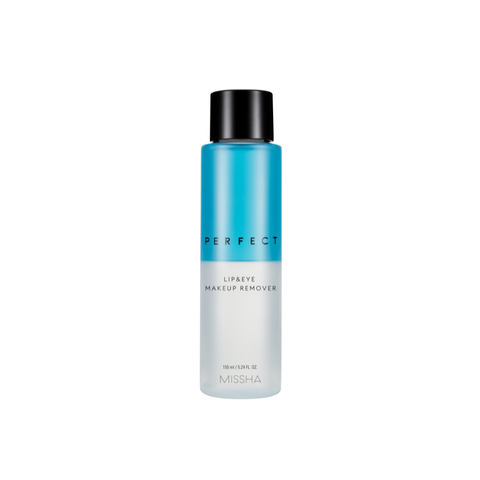 Blue bottle of Missha makeup remover with black cap on a white background