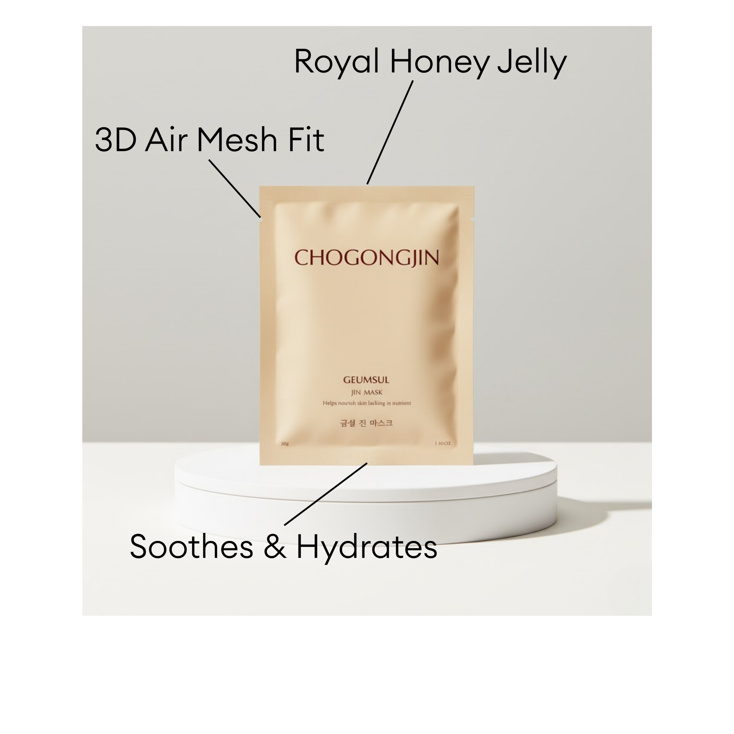 CHOGONGJIN Geumsul Jin Mask with Royal Honey Jelly and 3D Air Mesh Fit to help soothe and hydrate skin.