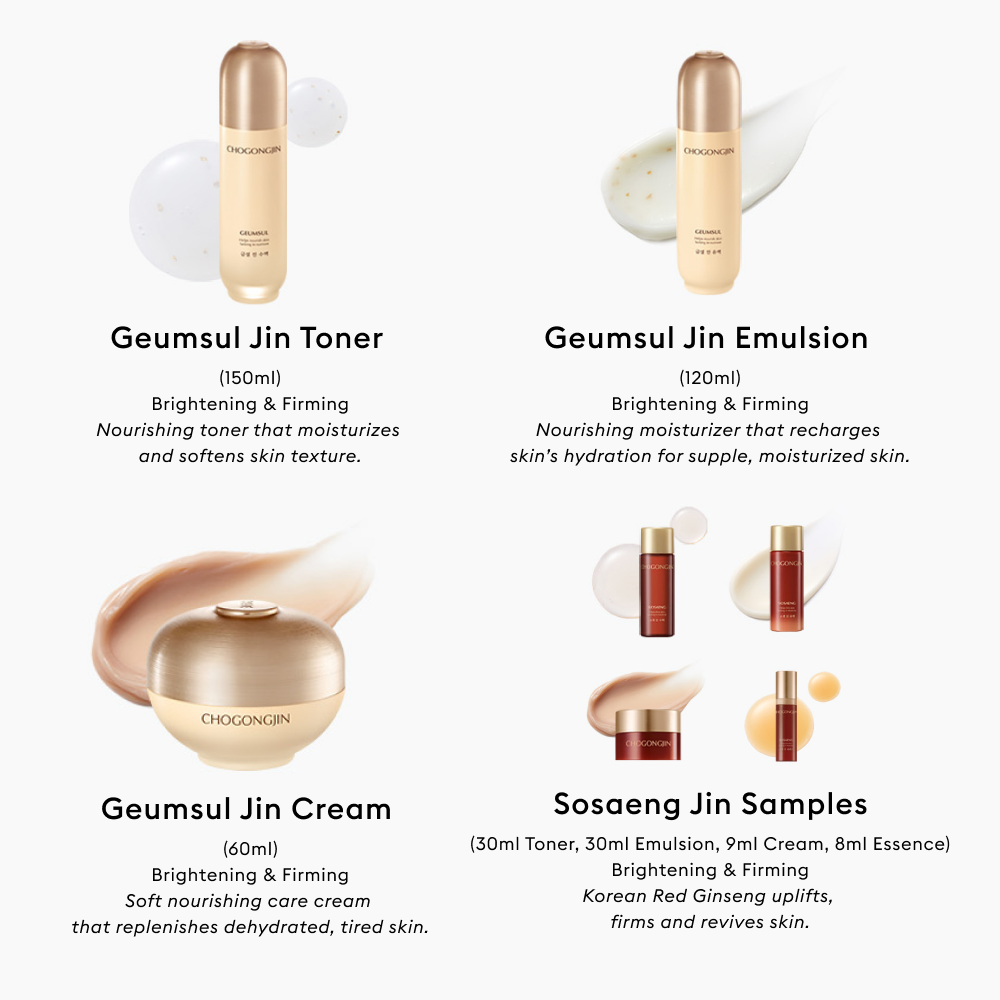 MISSHA Chogongjin Geumsul Jin skincare lineup featuring brightening and firming toner, emulsion, and cream with nourishing formulas, plus Sosaeng Jin samples infused with Korean Red Ginseng for revitalized skin