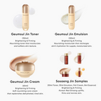 MISSHA Chogongjin Geumsul Jin skincare lineup featuring brightening and firming toner, emulsion, and cream with nourishing formulas, plus Sosaeng Jin samples infused with Korean Red Ginseng for revitalized skin