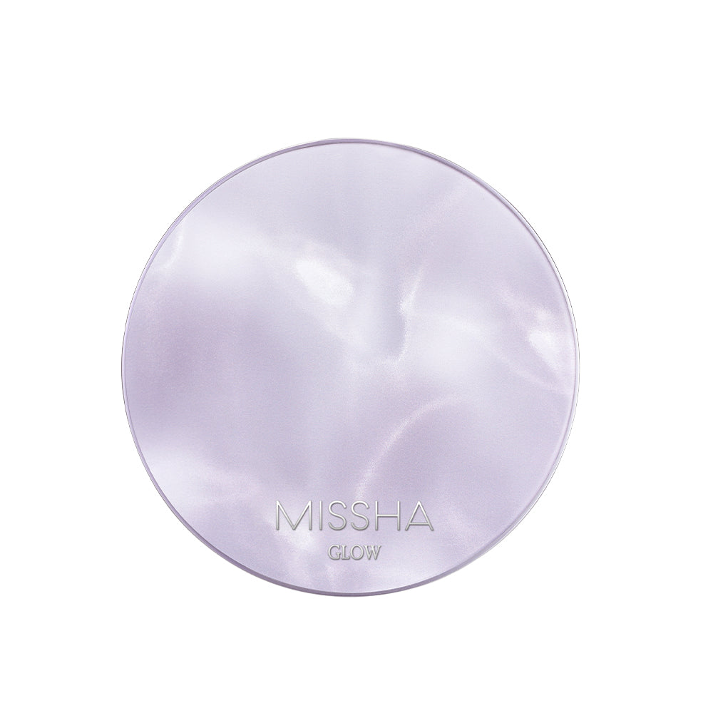 MISSHA Glow compact case with a pearlescent lavender finish and minimalist embossed logo.