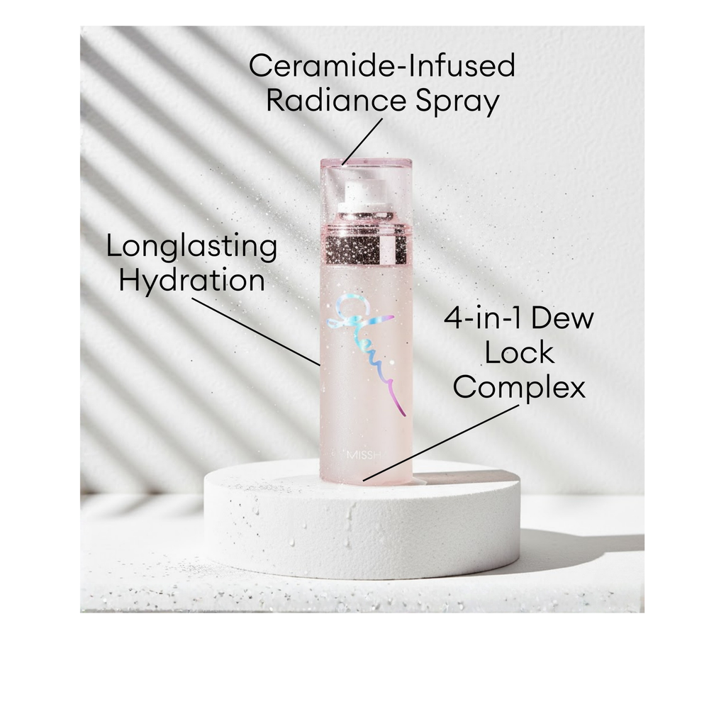 MISSHA Glow Skin Balm Mist Ceramide-Infused Radiance Spray with 4-in-1 Dew Lock Complex for long-lasting hydration and a glowing finish.