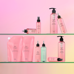 A’PIEU Raspberry Hair Vinegar and Mint Scalp Hair Vinegar collection displayed on glass shelves, featuring shampoos, mists, refill pouches, and scalp treatments in pink and mint packaging for shiny, healthy hair.