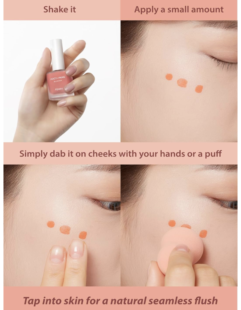 Instructions for applying A'pieu Juicy Pang Water Blush. The four steps show shaking the liquid blush, applying a small amount to the cheek (three dots), dabbing it on the cheeks with fingers or a puff for a natural, seamless blush look. This demonstrates how to use A'pieu liquid blush.