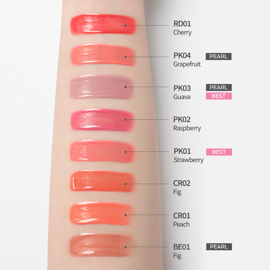 Arm swatch of various A'pieu Juicy Pang Water Blush shades. The liquid blush swatches from top to bottom are: RD01 Cherry, PK04 Grapefruit (Pearl), PK03 Guava (Pearl, Best), PK02 Raspberry, PK01 Strawberry (Best), CR02 Fig (likely a typo for Ripe Persimmon based on other images), CR01 Peach, and BE01 Fig (Pearl). This displays the color payoff of A'pieu blush.