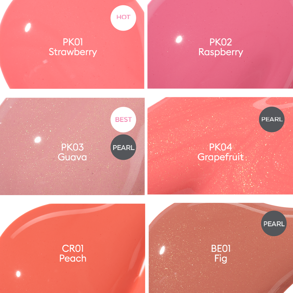 Close-up texture swatches of 6 A'pieu Juicy Pang Water Blush colors: PK01 Strawberry (Hot), PK02 Raspberry, PK03 Guava (Best, Pearl), PK04 Grapefruit (Pearl), CR01 Peach, and BE01 Fig (Pearl). This highlights the glossy, watery finish and the pearl shimmer in some A'pieu blush shades.