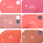 Close-up texture swatches of 6 A'pieu Juicy Pang Water Blush colors: PK01 Strawberry (Hot), PK02 Raspberry, PK03 Guava (Best, Pearl), PK04 Grapefruit (Pearl), CR01 Peach, and BE01 Fig (Pearl). This highlights the glossy, watery finish and the pearl shimmer in some A'pieu blush shades.