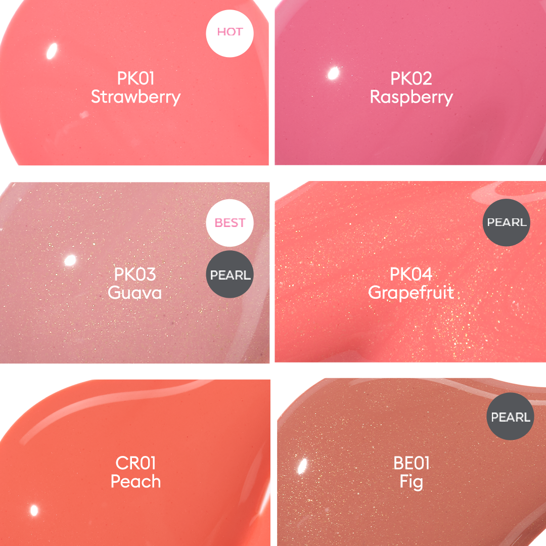 Close-up texture swatches of 6 A'pieu Juicy Pang Water Blush colors: PK01 Strawberry (Hot), PK02 Raspberry, PK03 Guava (Best, Pearl), PK04 Grapefruit (Pearl), CR01 Peach, and BE01 Fig (Pearl). This highlights the glossy, watery finish and the pearl shimmer in some A'pieu blush shades.