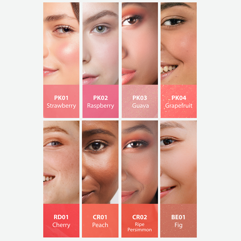 Swatches of all A'pieu Juicy Pang Water Blush shades on diverse skin tones. The 8 shades shown are: PK01 Strawberry, PK02 Raspberry, PK03 Guava, PK04 Grapefruit, RD01 Cherry, CR01 Peach, CR02 Ripe Persimmon, and BE01 Fig. This image showcases the full A'pieu liquid blush color range.