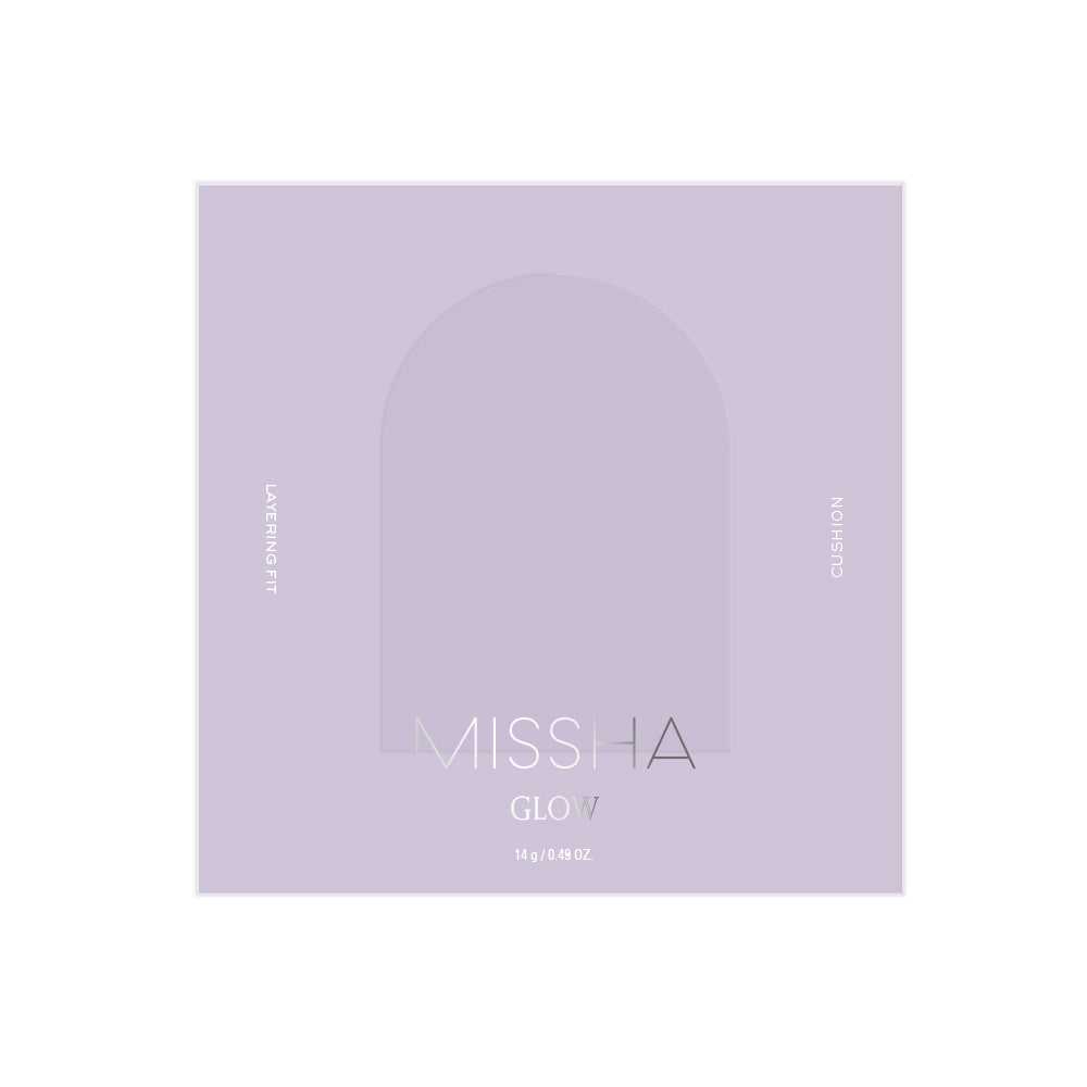 MISSHA Glow Cushion product packaging in soft lavender with minimalist typography and arched design.