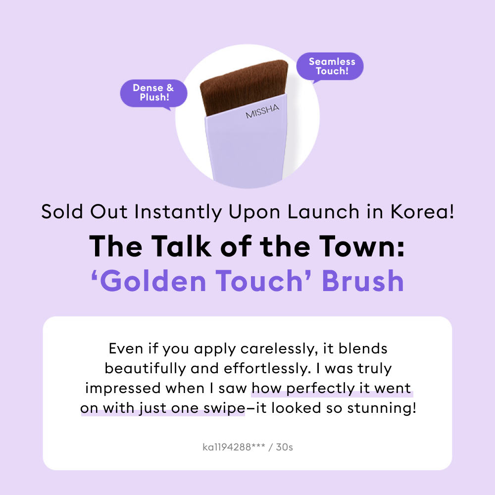 Promotional graphic for the MISSHA Golden Touch Brush, a sold-out viral product from Korea known for its effortless, seamless blending that creates a stunning, airbrushed finish with just one swipe.