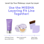 Promotional graphic for the MISSHA Layering Fit Line, featuring the M Perfect Cover and Glow Layering Fit products, showing how to level up your makeup by layering for buildable coverage and a radiant finish.