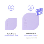 Infographic demonstrating the dual use of the MISSHA Layering Fit Puff: used dry for a matte, smooth base, or wet for a glowy, dewy finish, noting that the puff expands when wet.
