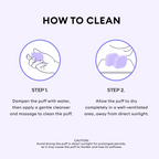 Step-by-step guide on how to clean the MISSHA Layering Fit Puff: dampen with water and gentle cleanser, then dry completely in a shaded, well-ventilated area to maintain its soft texture.
