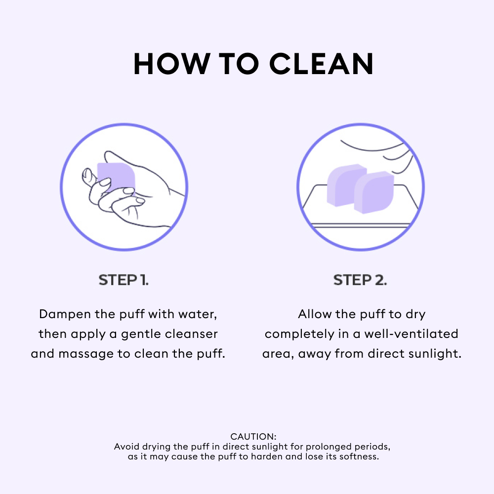 Step-by-step guide on how to clean the MISSHA Layering Fit Puff: dampen with water and gentle cleanser, then dry completely in a shaded, well-ventilated area to maintain its soft texture.