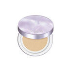 A compact Glow Layering Fit Cushion by Missha, with its lid open showing the BB cream inside. The cushion is pressed with a light-colored foundation, and the product is contained within a round, silver-colored case.