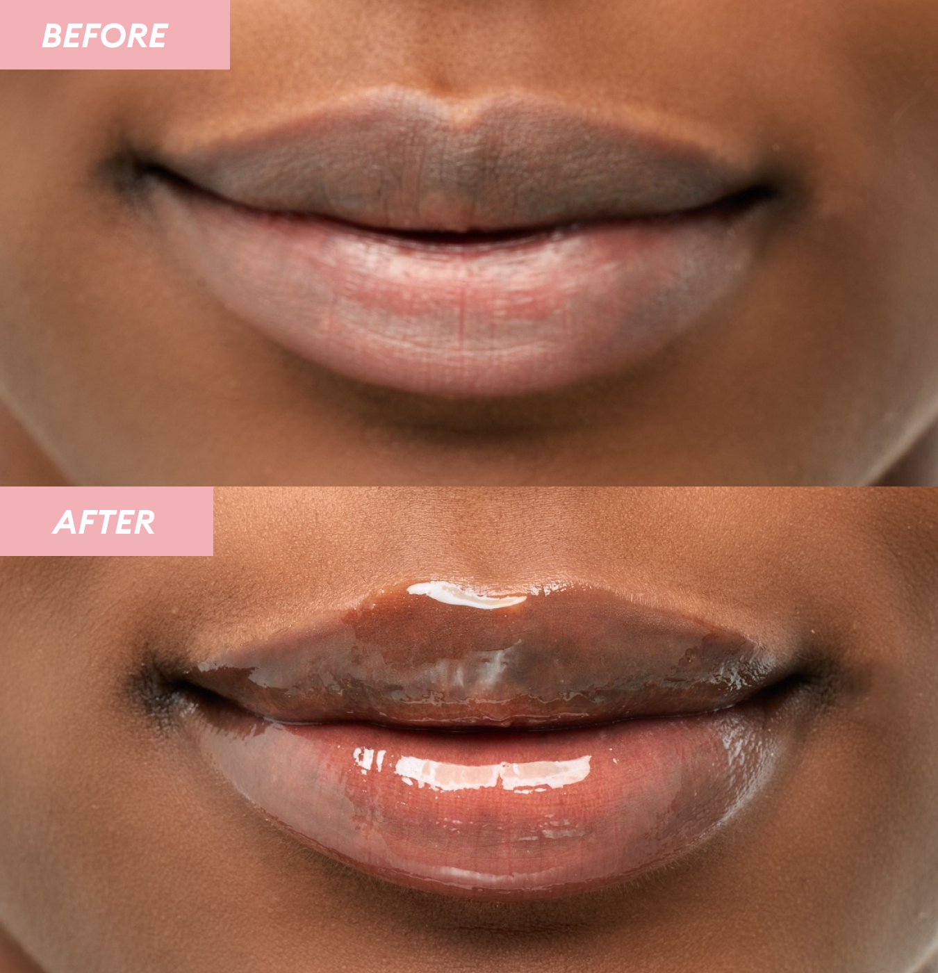 A two-part image showing lips Before application (dry, chapped lips with some discoloration) and After application (shiny, plump, and deeply moisturized lips) of the A'pieu Honey & Milk Lip Oil, demonstrating its lip-plumping and smoothing results.
