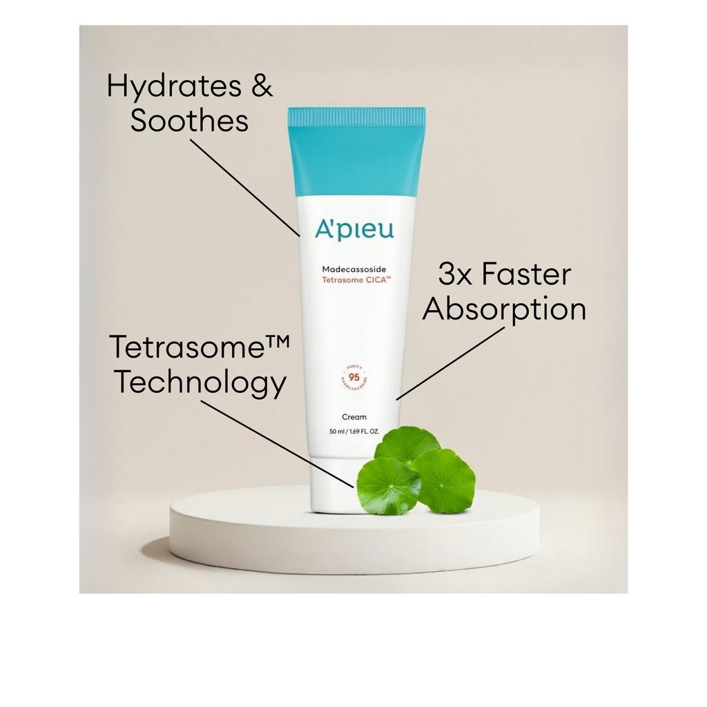 A'pieu Madecassoside Tetrasome CICA Cream featuring Tetrasome Technology for 3x faster absorption to hydrate and soothe.