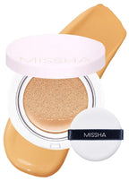 Missha cosmetic compact with a white lid and beige cushion on a white background