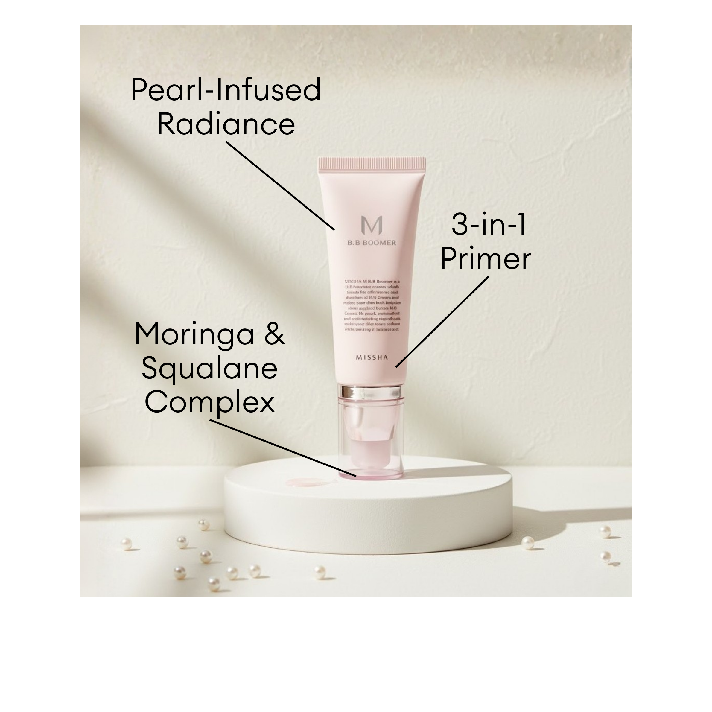 MISSHA M B.B Boomer 3-in-1 Primer tube with Pearl-Infused Radiance and Moringa Squalane Complex for a luminous base.