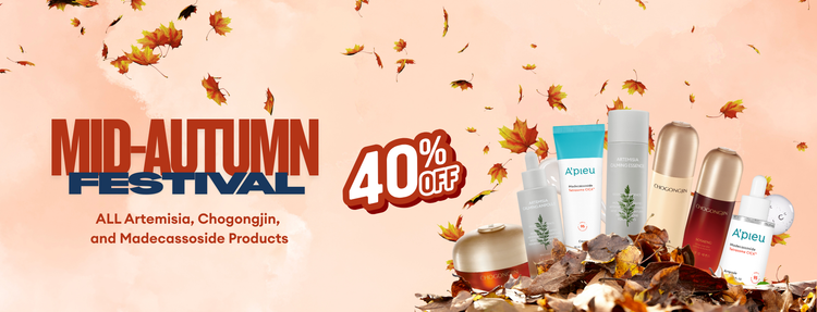Promotional banner for Mid-Autumn Festival sale with skincare products and falling leaves on a pink background. All Artemisia, Chogongjin, and Madecassoside products are 40% off