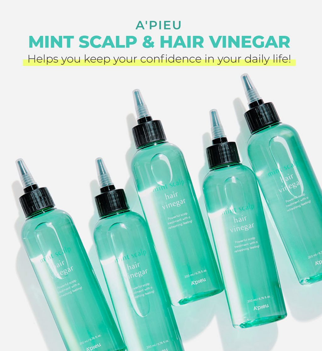 Multiple A’PIEU Mint Scalp Hair Vinegar bottles arranged on a white background, highlighting the refreshing daily scalp care formula that promotes clean, balanced hair