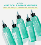 Multiple A’PIEU Mint Scalp Hair Vinegar bottles arranged on a white background, highlighting the refreshing daily scalp care formula that promotes clean, balanced hair