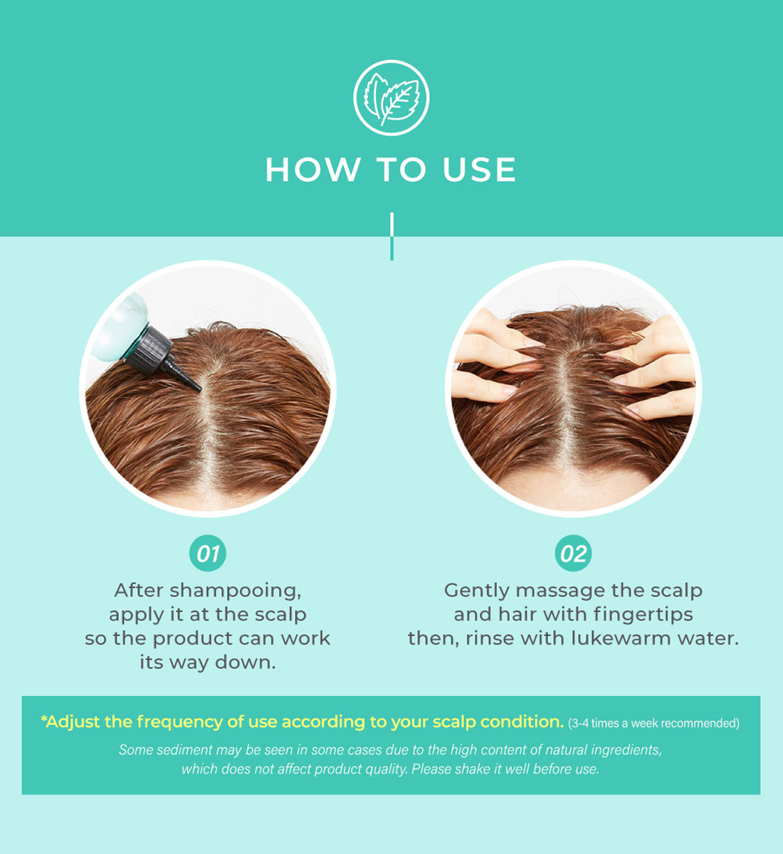 Step-by-step guide showing how to use A’PIEU Mint Scalp Hair Vinegar — apply directly to the scalp after shampooing, massage gently, and rinse with lukewarm water for a refreshed scalp.