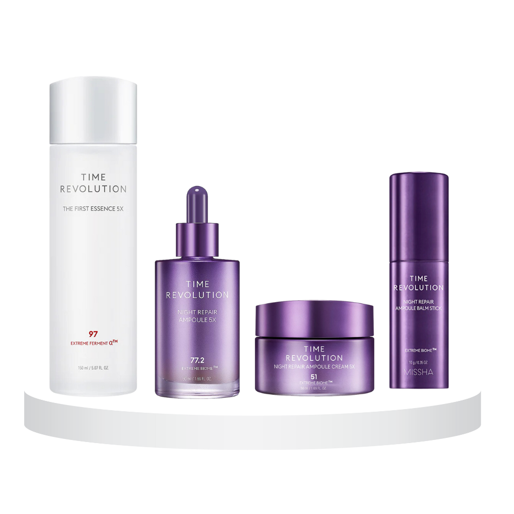 A set of skincare products displayed on a white platform, including a toner, essence, cream, and balm stick, all labeled as 'Time Revolution'.