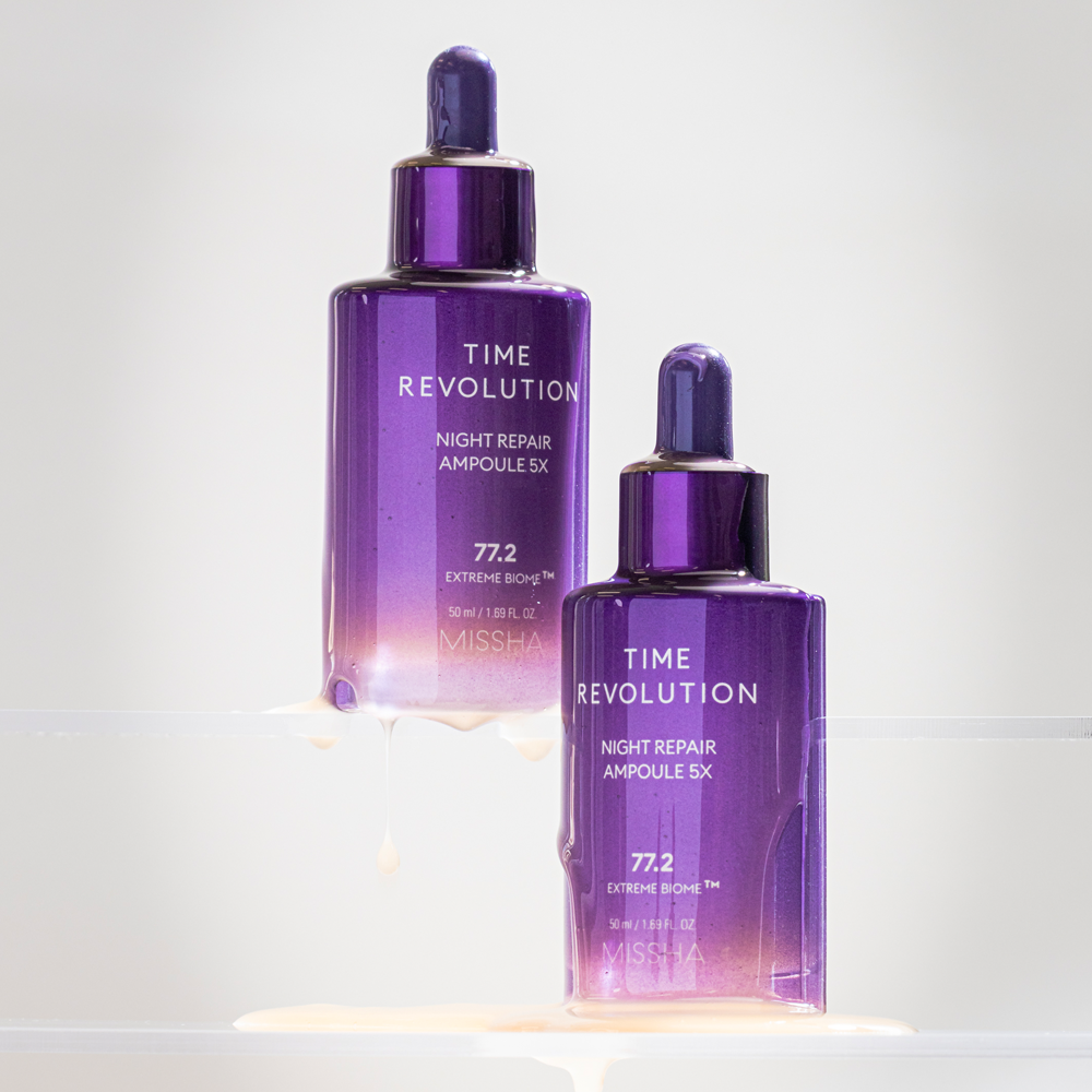 MISSHA Time Revolution Night Repair Ampoule 5X, Korean serum that improves elasticity and dark spots,helps firm skin,brightens skin overnight with model