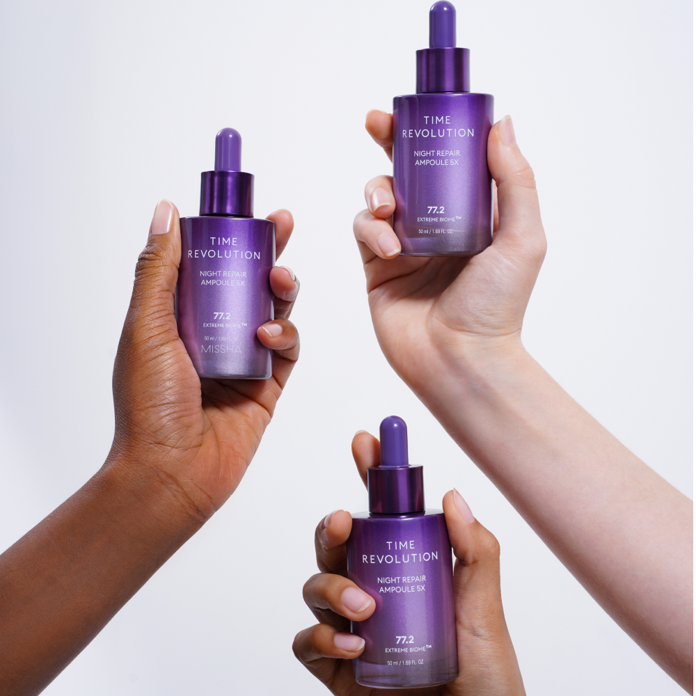 MISSHA Time Revolution Night Repair Ampoule 5X, Korean serum that improves elasticity and dark spots,helps firm skin,brightens skin overnight with model
