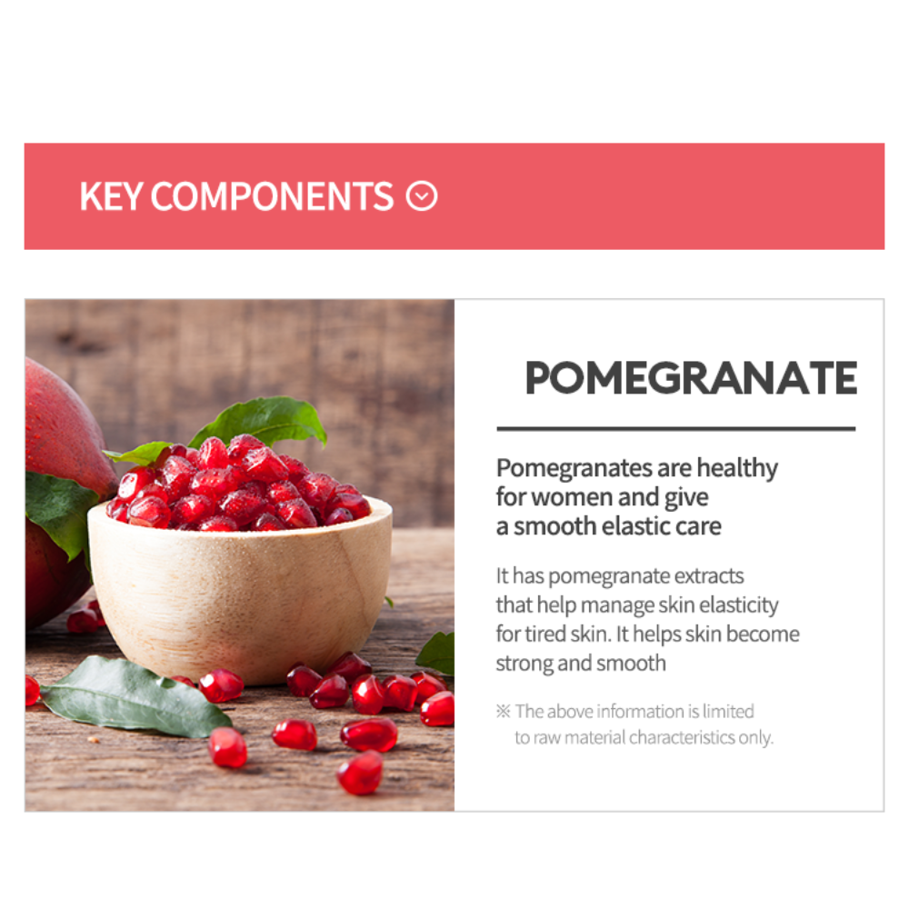 MISSHA key components graphic featuring a wooden bowl filled with pomegranate seeds on a rustic surface. Text highlights pomegranate extract benefits for improving skin elasticity, making skin strong and smooth.