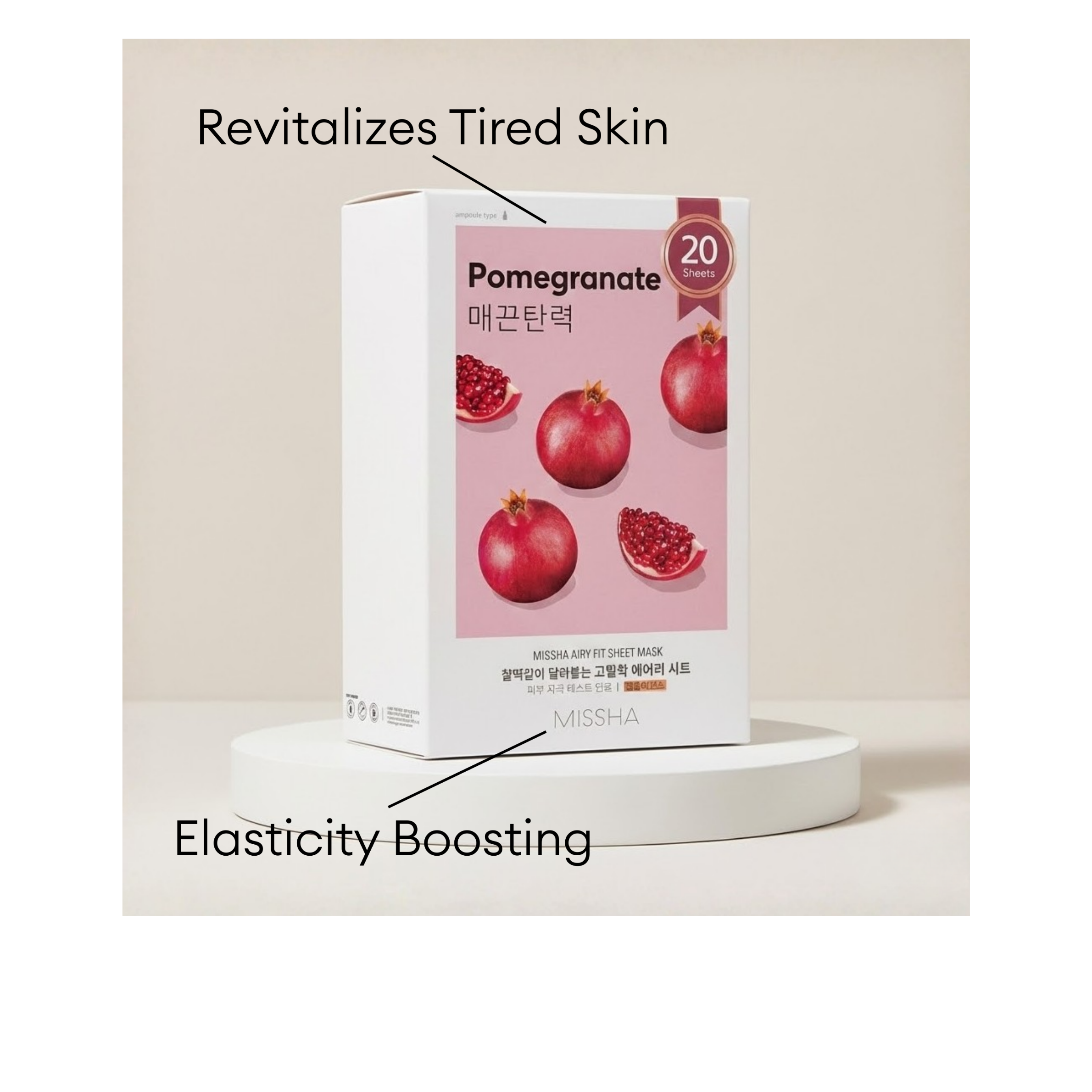 MISSHA Airy Fit Sheet Mask Pomegranate 20-sheet value pack to help revitalize tired skin with elasticity-boosting ingredients.