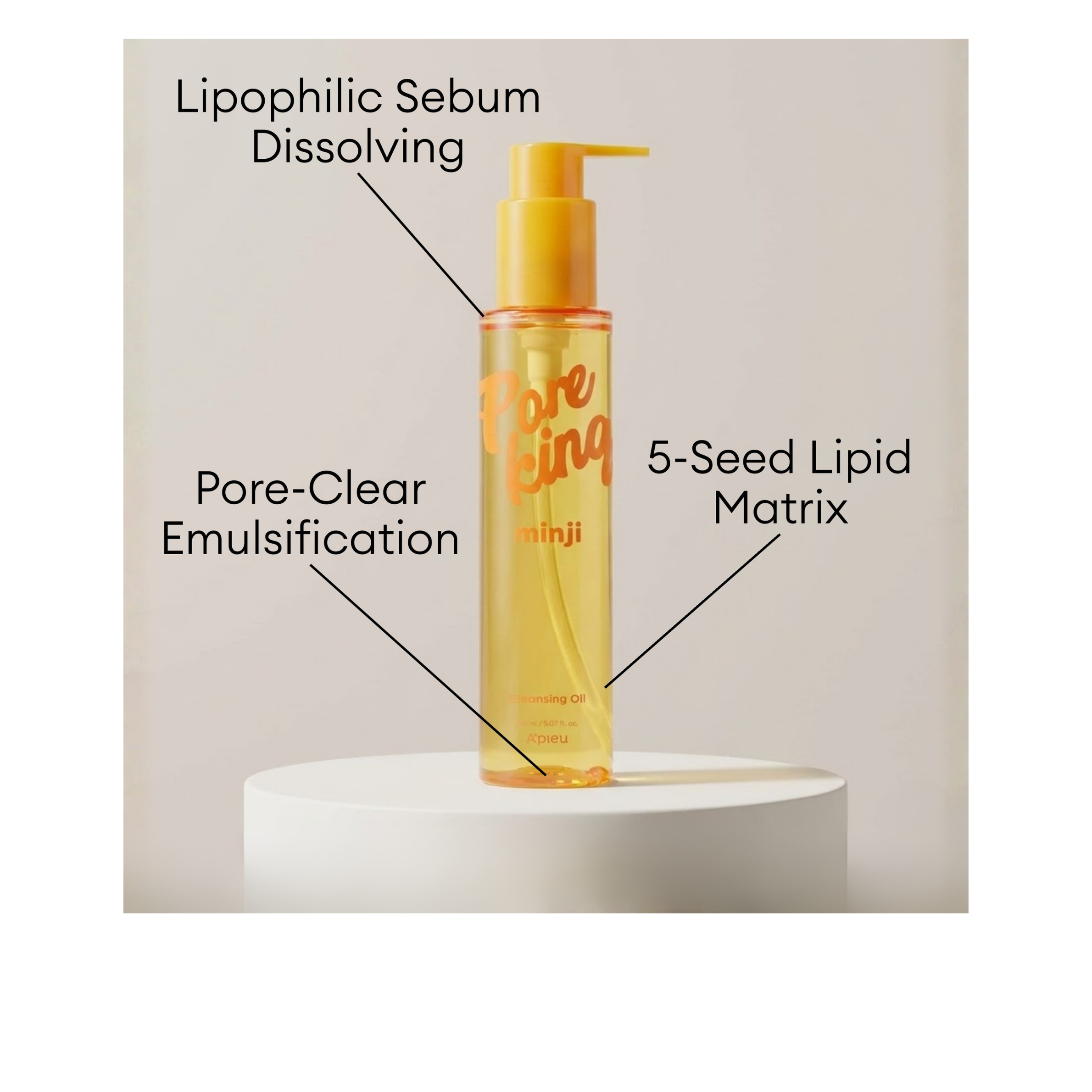 A'pieu Pore King Minji Cleansing Oil with 5-Seed Lipid Matrix for lipophilic sebum to help dissolve and emulsifying oil to help clear pores