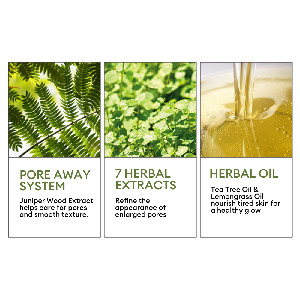 Image showing skincare ingredients and benefits: Pore Away System with Juniper Wood Extract for pores, 7 Herbal Extracts to refine pores, and Herbal Oil with Tea Tree and Lemongrass for a healthy glow.